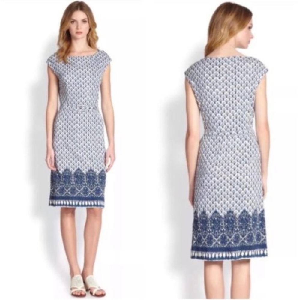 Tory Burch White and Navy Printed Sheath Dress